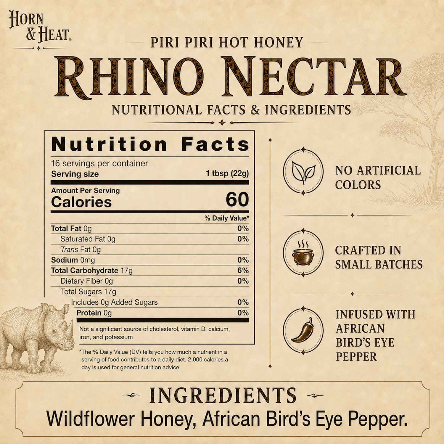 Nutrition facts and ingredients for Rhino Nectar Piri Piri Hot Honey, showcasing wildflower honey and African Bird's Eye Pepper.