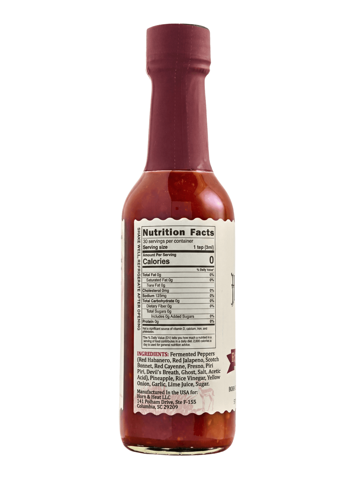 Bottle of Rhino Doctor Reserve sauce with nutrition facts and ingredients on the label.