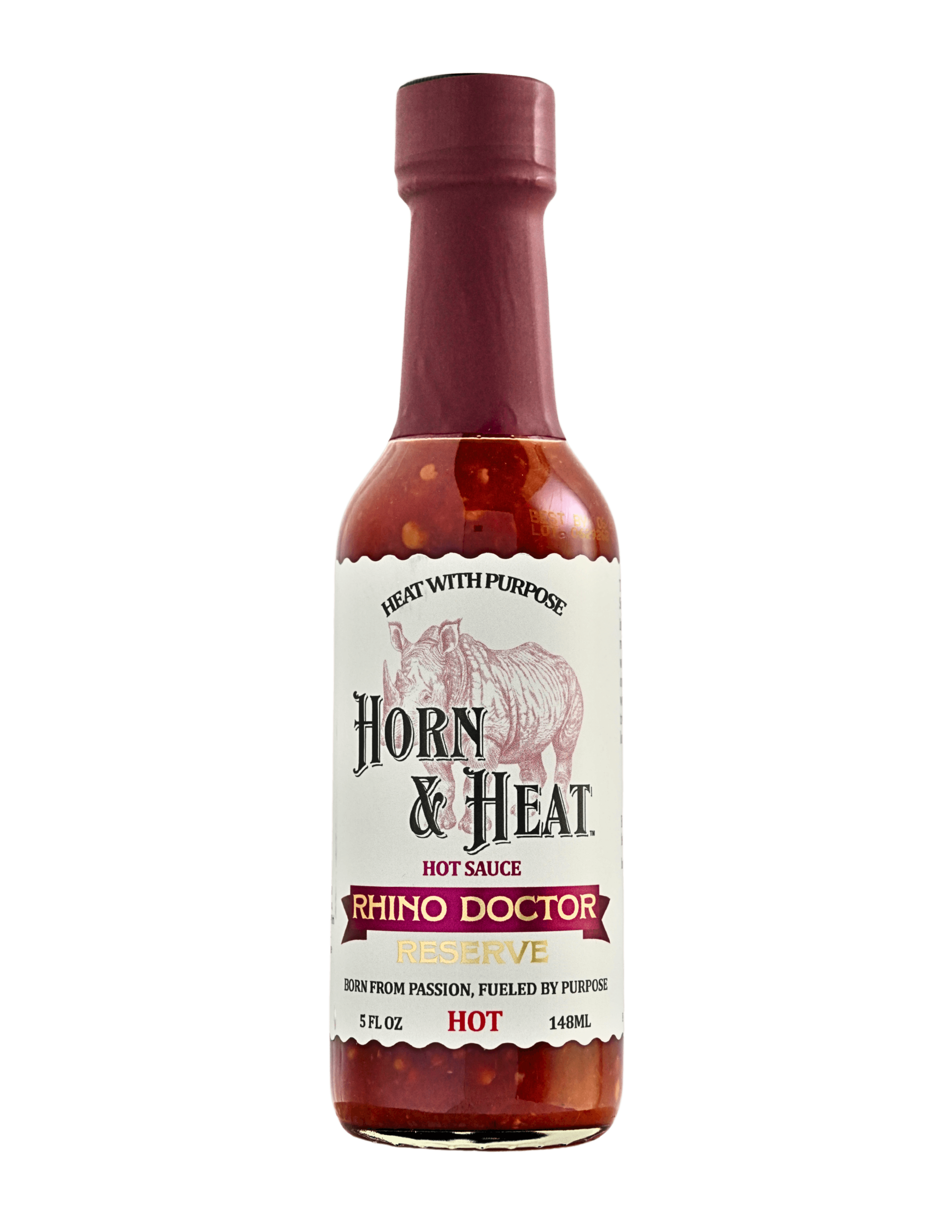 Bottle of Horn & Heat Hot Sauce featuring Rhino Doctor Reserve, a flavorful sauce for all spicy food lovers.