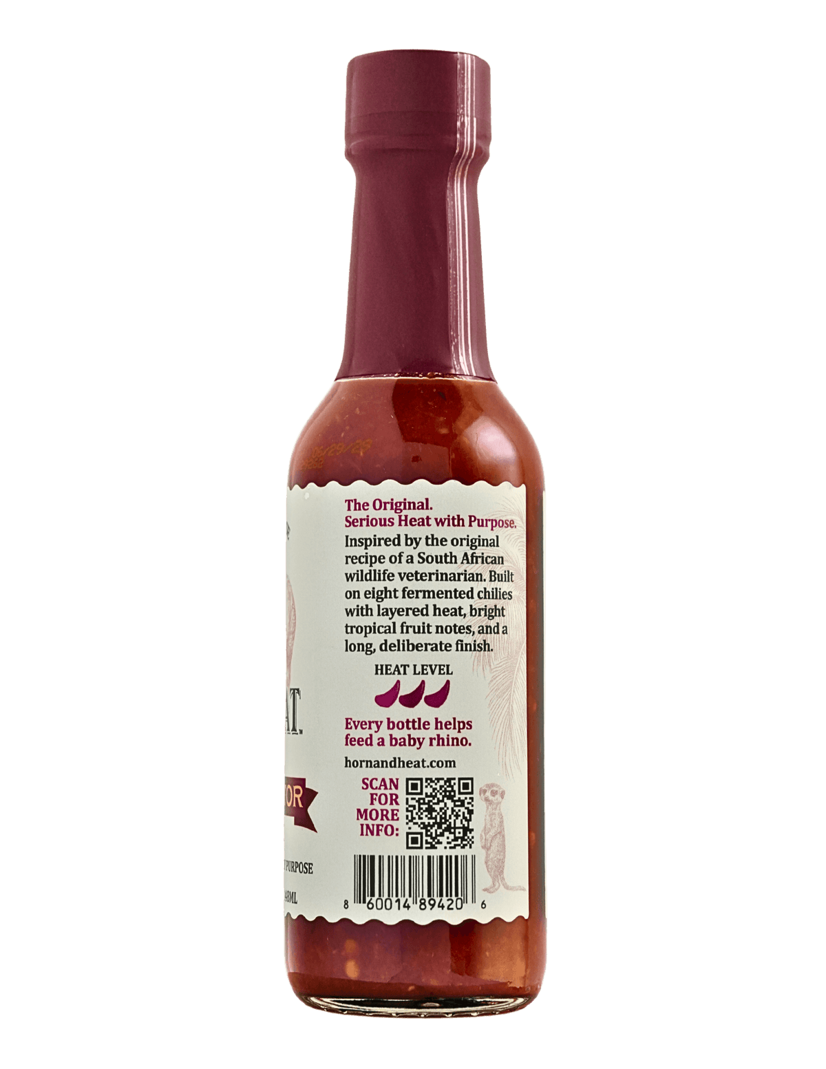 Rhino Doctor Reserve sauce bottle featuring original recipe and purpose-driven mission to help rhinos.