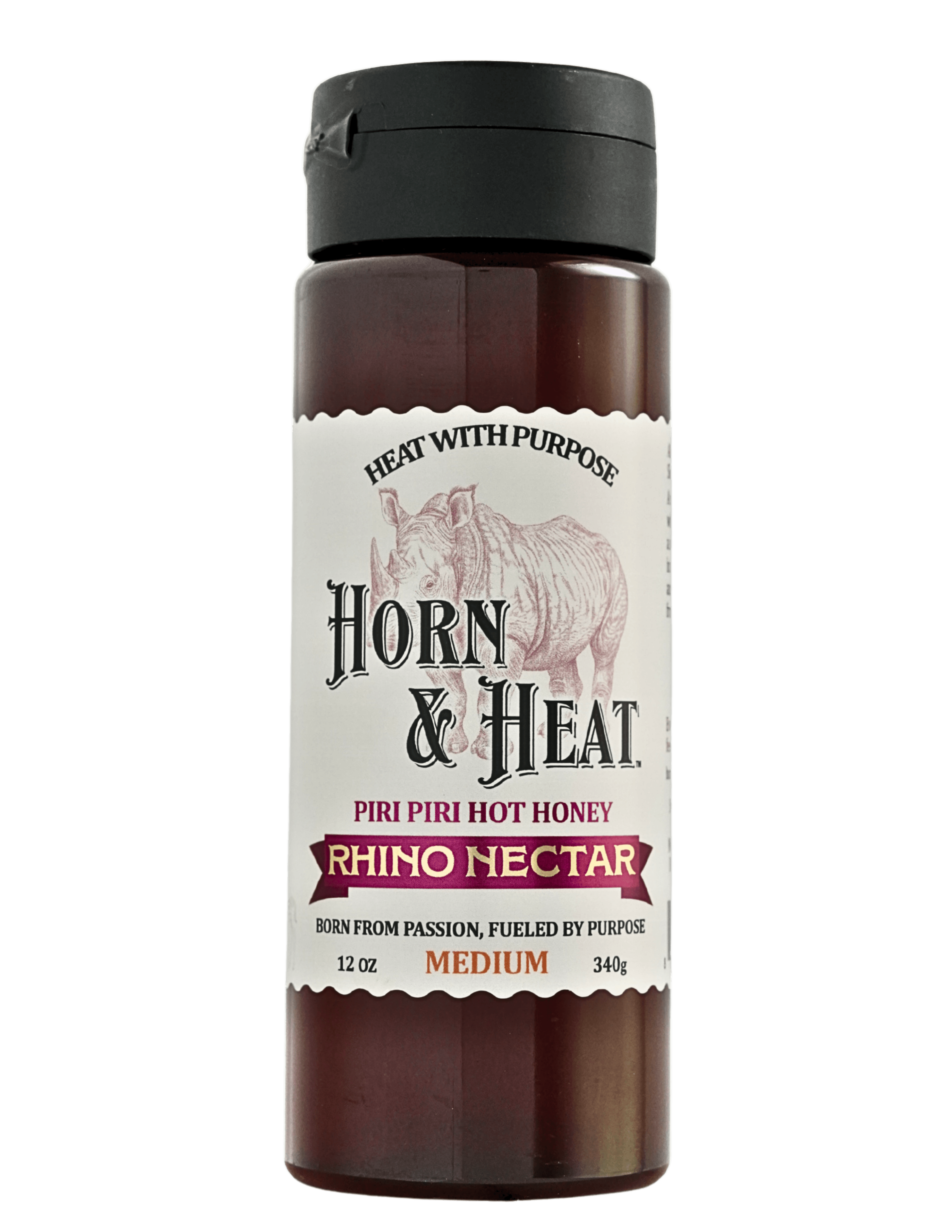 Rhino Nectar Piri Piri Hot Honey bottle with Horn & Heat branding, featuring wildflower honey and African Bird's Eye Pepper.