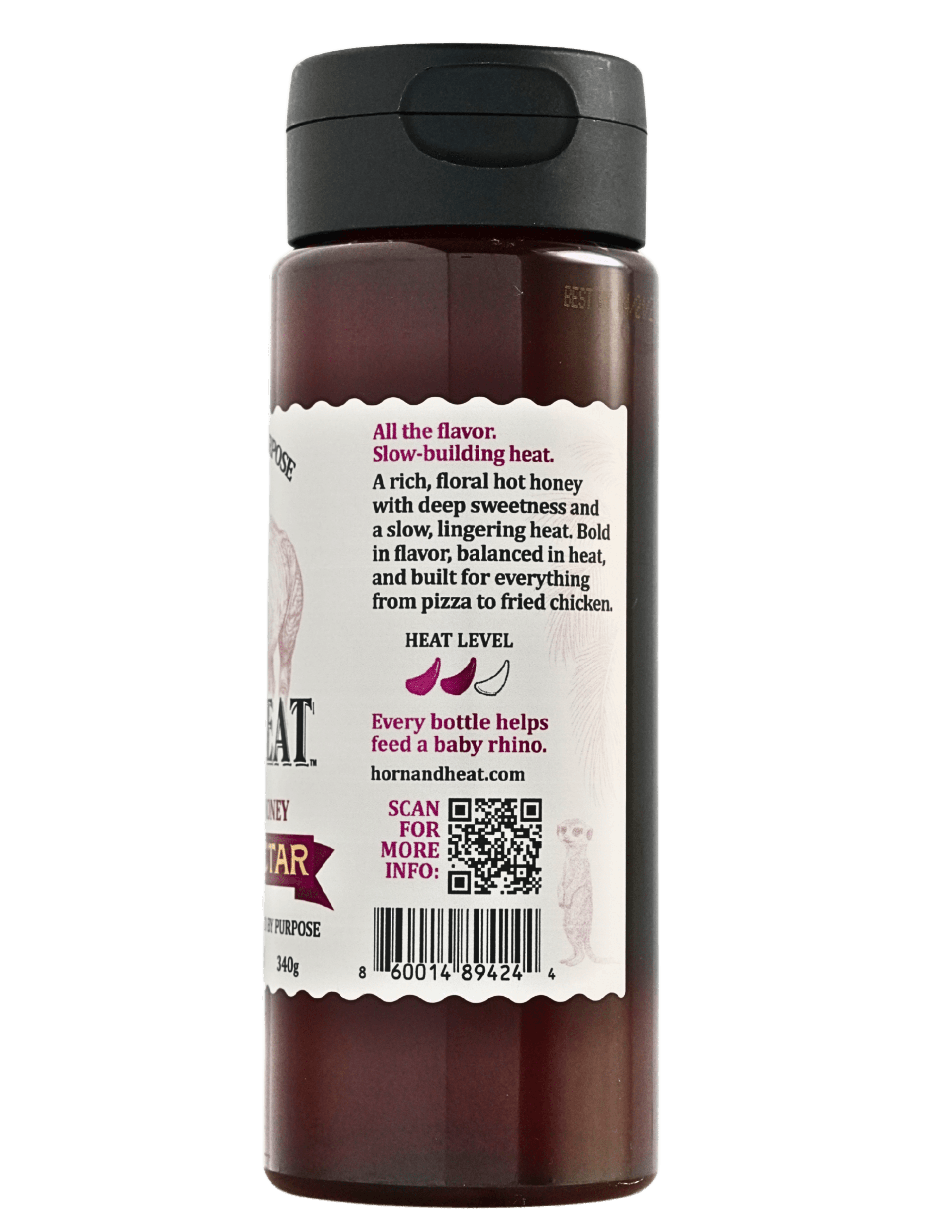 Rhino Nectar Piri Piri Hot Honey bottle showcasing rich taste and heat levels, perfect for various dishes.