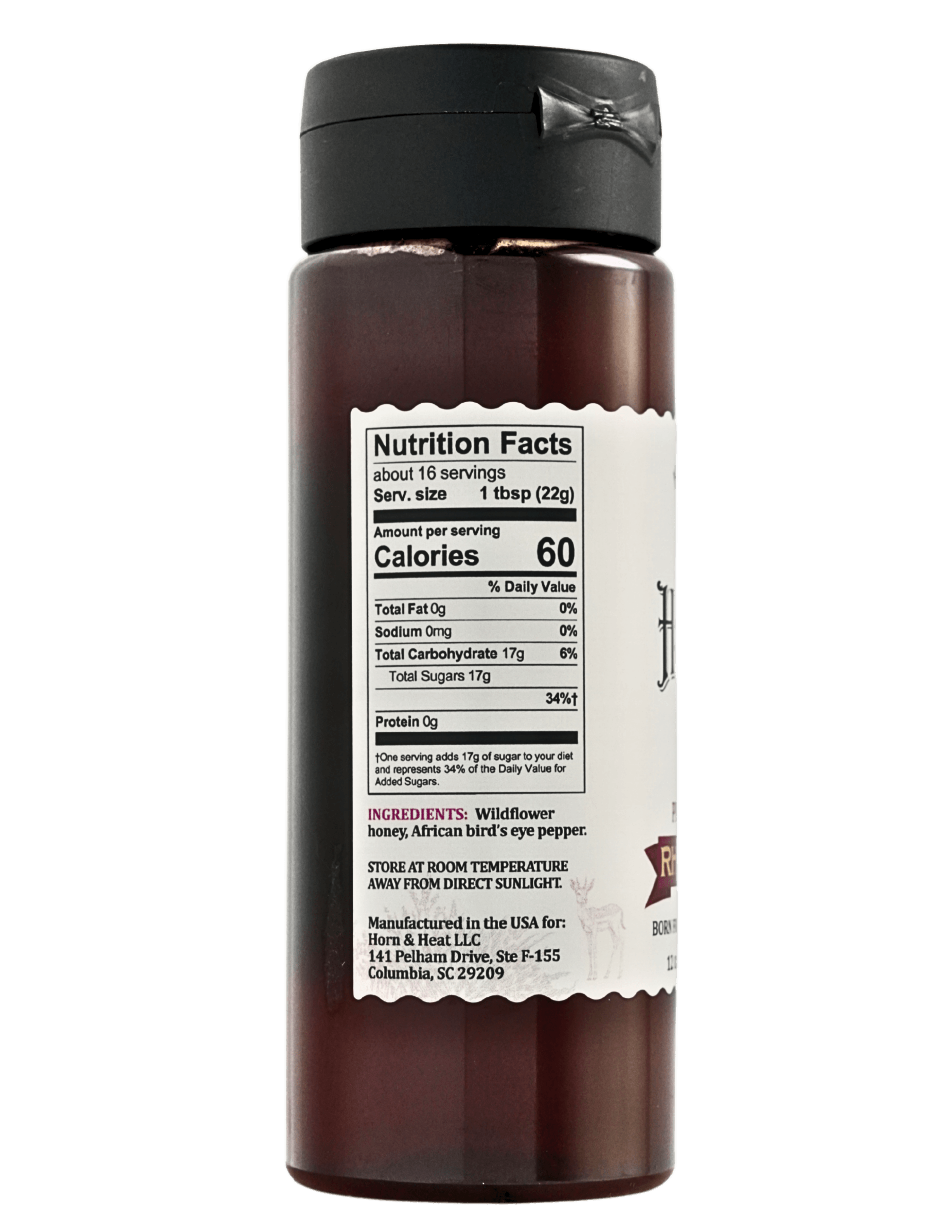 Rhino Nectar Piri Piri Hot Honey nutrition facts label showing ingredients and calorie information.