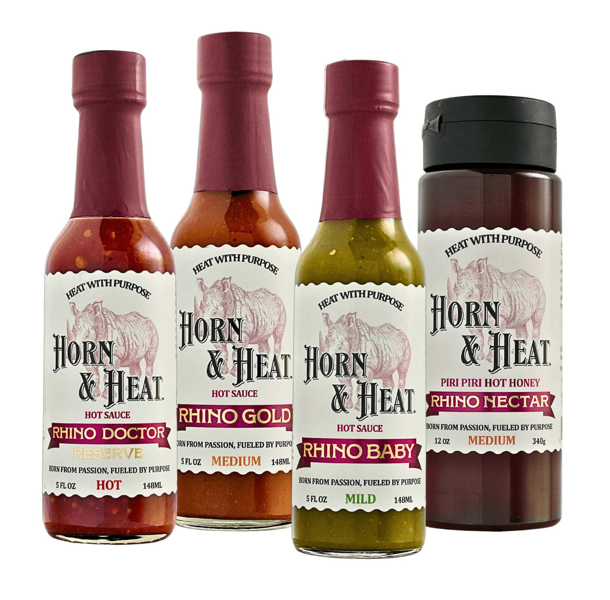 Horn & Heat Starter Pack featuring Rhino Doctor, Rhino Gold, Rhino Baby hot sauces and Rhino Nectar hot honey.