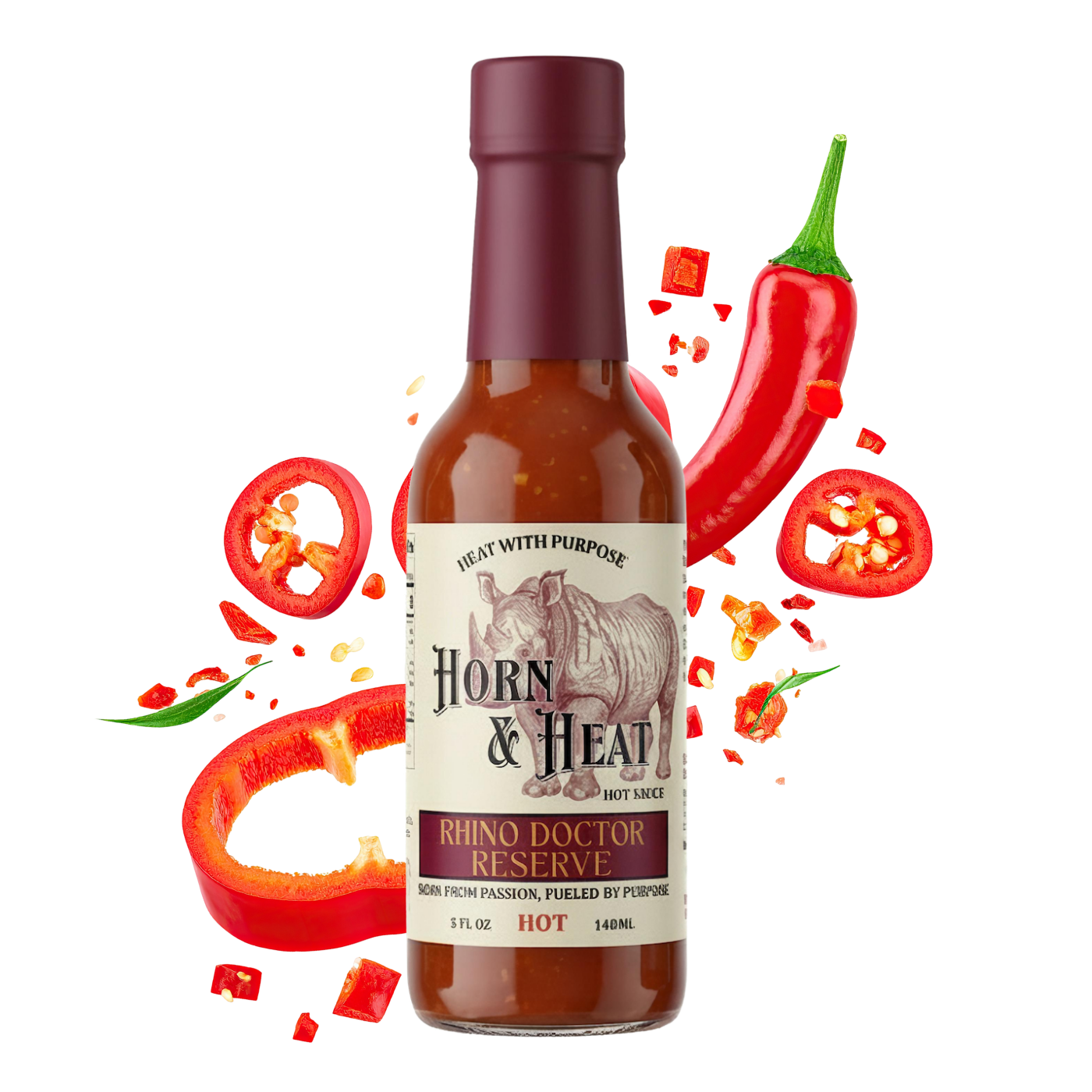 Rhino Doctor Reserve hot sauce with red habanero and Scotch bonnet peppers