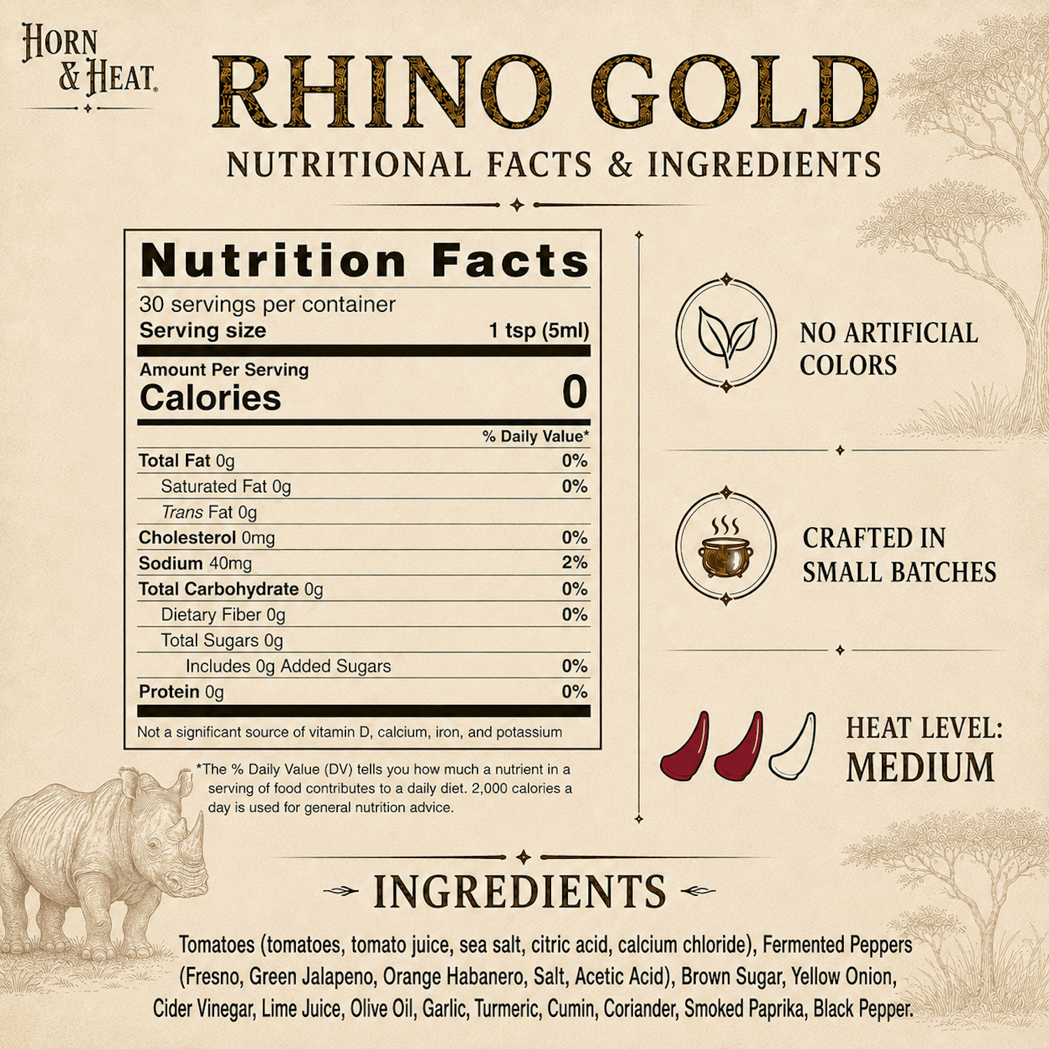 Nutritional facts and ingredients for Rhino Gold Hot Sauce, medium-heat sauce crafted in small batches.