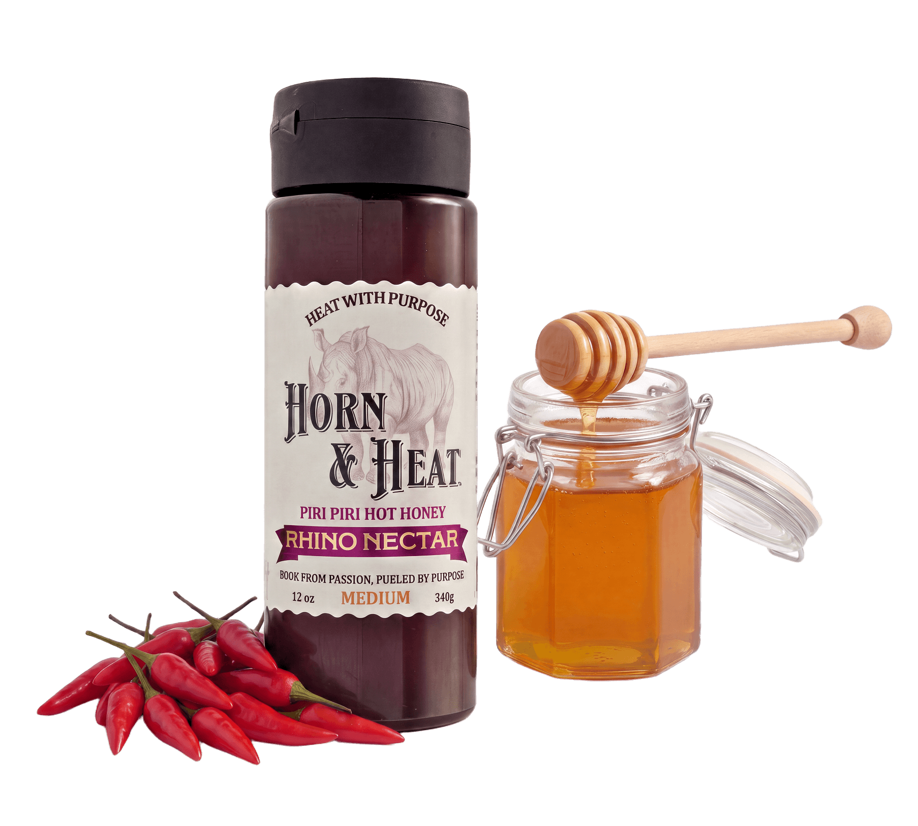 Rhino Nectar Piri Piri Hot Honey bottle with honey jar and chili peppers, showcasing a blend of sweet and spicy flavors.